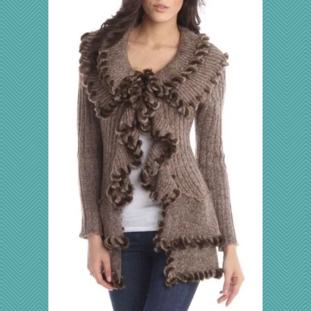 Lapis Brown Ribbed Knit Tiered Faux Fur Cardigan